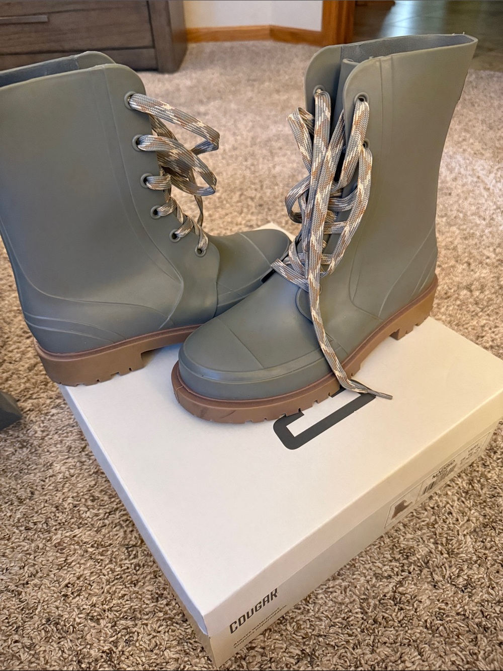Cougar Olive Green Lace-Up Rubber Boots with Tan Outsoles